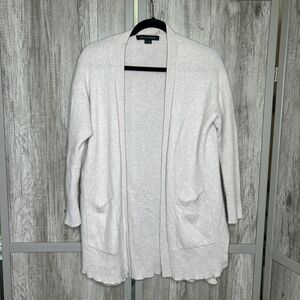 Skull Cashmere Cardigan Women Medium Pockets Mid Length Open Front Knit Beige